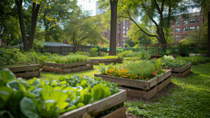 A community garden flourishing with vibrant greenery, symbolizing urban agriculture and sustainable living