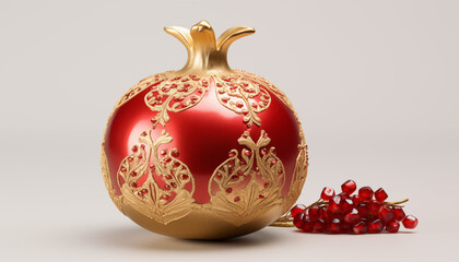 Golden ornamented pomegranate on a white background