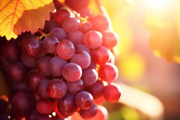 Ripe grapes in sunlit vineyards. Perfect copy space for nature and agriculture concepts. Close-up