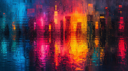 Rain drops on window, blurred city lights in the background a cascade of radiant lights, reflecting the pulsating rhythm of urban life and potential