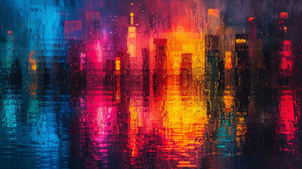 Obraz premium Rain drops on window, blurred city lights in the background a cascade of radiant lights, reflecting the pulsating rhythm of urban life and potential