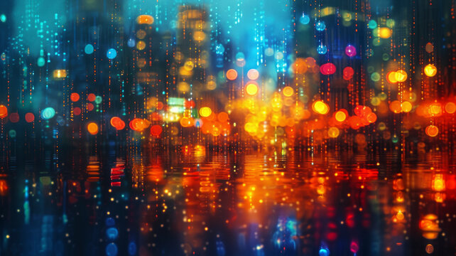 Rain drops on window, blurred city lights in the background a cascade of radiant lights, reflecting the pulsating rhythm of urban life and potential