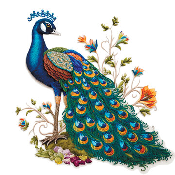 Ornamental beautiful textured peacock. Embroidery style colorful  peacock bird, flowers, leaves. Vector ornate floral background with exotic royal peacock bird. Luxury tail. Isolated design on white