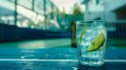 Cinematic wide angle photograph of a gin tonic sparkling cocktail with lime in a 90s padel court.  Product photography. Advertising.