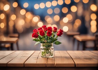 Wooden Table with Roses: Beautiful Floral Decor on Blur Background