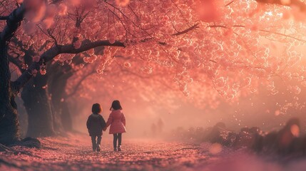 
A cute couple of children walks along an alley surrounded by cherry blossoms with petals gently falling in the air. Concept: feelings and dating illustration - obrazy, fototapety, plakaty