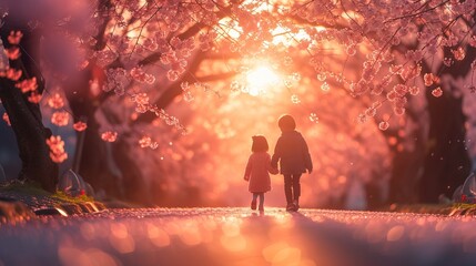 
A cute couple of children walks along an alley surrounded by cherry blossoms with petals gently falling in the air. Concept: feelings and dating illustration