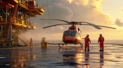 Offshore drilling platform with transport helicopter on landing zone - obrazy, fototapety, plakaty