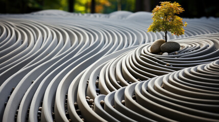 Fototapeta na wymiar Zen garden's Rhythm of Shadows: Light and shadow play on a central sphere, surrounded by concentric waves, epitomising focused energy.