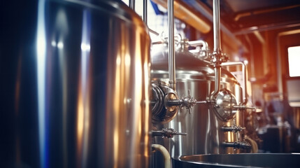 Interior of brewery, large steel storage tanks for brewing beer.