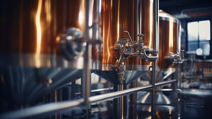 Interior of brewery, large steel storage tanks for brewing beer.