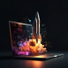 Rocket Emerging from Laptop Screen on Black Background

