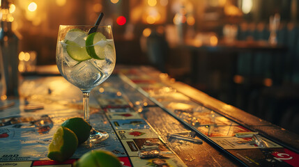 Cinematic wide angle photograph of a gin tonic sparkling cocktail with lime on a monopoly game table. Product photography. Advertising.