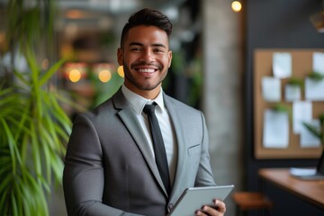 A cheerful young Latin business executive holding a tablet in the office