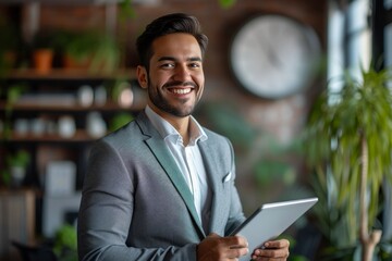 Fototapeta premium A cheerful young Latin business executive holding a tablet in the office