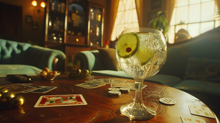 Cinematic wide angle photograph of a gin tonic sparkling cocktail with lime on a card game in a...