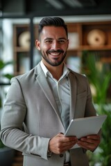 A cheerful young Latin business executive holding a tablet in the office
