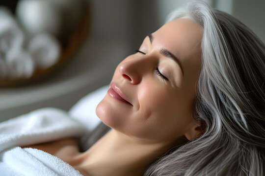 Beauty And Body Care. A Sensual Older Woman With Gray Hair Relaxes In An Outdoor Spa Pool.