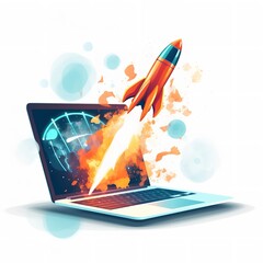 Rocket Coming Out of Laptop Screen on White Background

