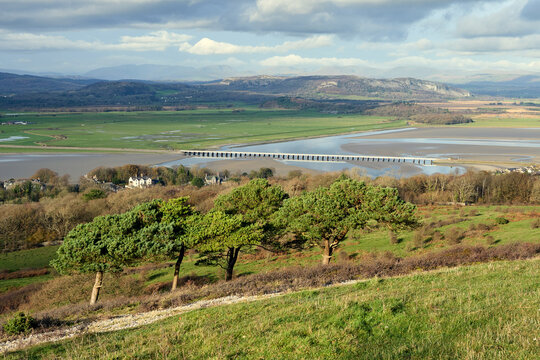 The Kent viaduct with Whitbarrow Scar in the distance, viewed from Arnside Knott.