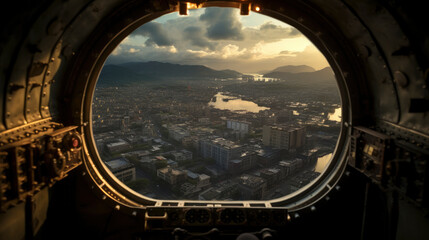 View from old Second World War, plane of Japanese city