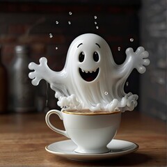 An anthropomorphic fantastic transparent happy ghost created from kitchen foam flies out of a porcelain vintage cup of hot atmospheric coffee.