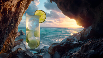 Cinematic wide angle photograph of a gin tonic sparkling cocktail with lime inside a rock cave. Product photography. Advertising. - obrazy, fototapety, plakaty