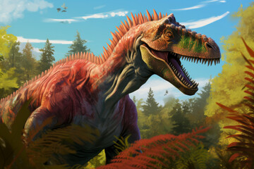 Illustration of Iguanodon, a herbivorous dinosaur with distinctive thumb spikes - obrazy, fototapety, plakaty