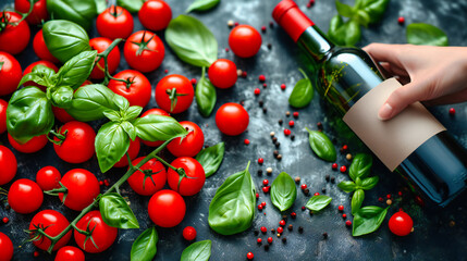 Fresh organic ingredients for a healthy meal, featuring ripe cherry tomatoes and basil on a rustic stone kitchen table