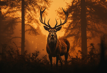 Red deer in the forest at dusk at sunset. Beautiful horned deer in orange light of the setting sun. Generative AI