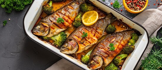 Baked fish steaks, grilled trout with broccoli and marinade in a baking dish, top view.