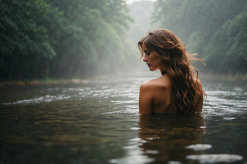 Badende Frau genießt die Stille des Regens im Fluss - obrazy, fototapety, plakaty