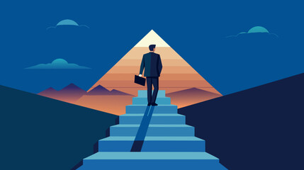 Businessman climbing stairs towards success at dawn illustration - obrazy, fototapety, plakaty