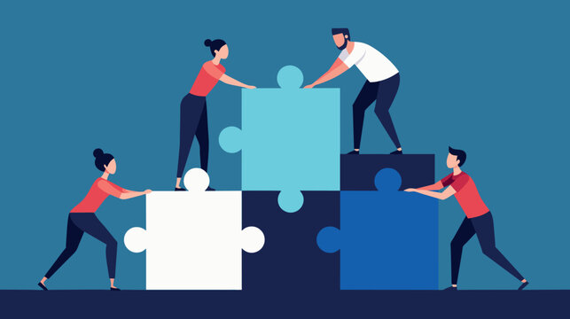 Teamwork concept with cartoon characters assembling a puzzle