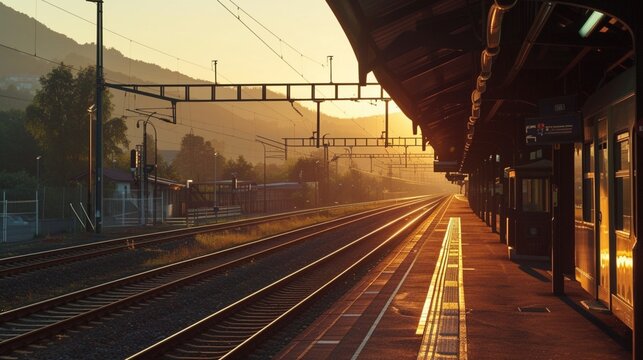 Picture a serene railway station platform, with trains arriving and departing against a backdrop of lush greenery and distant mountains, as the golden hour bathes the scene in warm hues.
