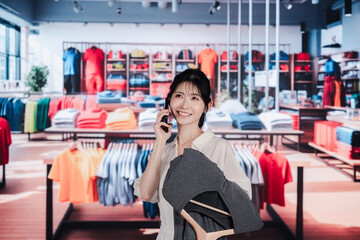 服屋さんで買い物をする若い女性