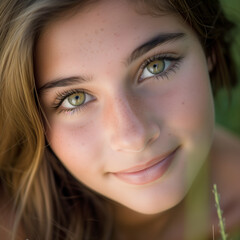Fototapeta premium Innocent Gaze: Portrait of a Young Girl with Sparkling Green Eyes