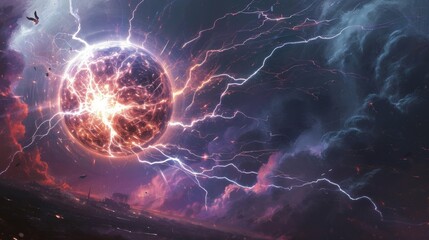 Fantasy landscape with planet and lightning illustration
