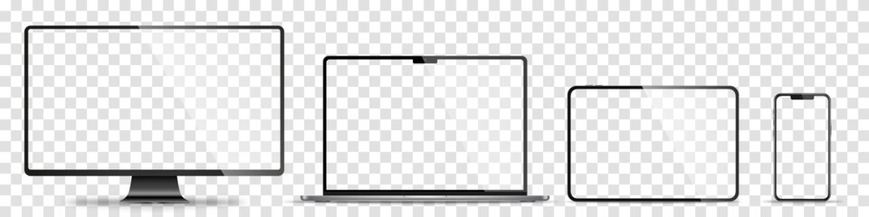 Device screen mockup. Smartphone, tablet, laptop and monoblock monitor, with blank screen for you design. Stock royalty free vector illustration. PNG - obrazy, fototapety, plakaty