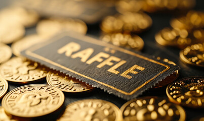 Golden raffle ticket with RAFFLE! text, symbolizing chance, competition, and luck in a prize draw or lottery event with a unique serial number