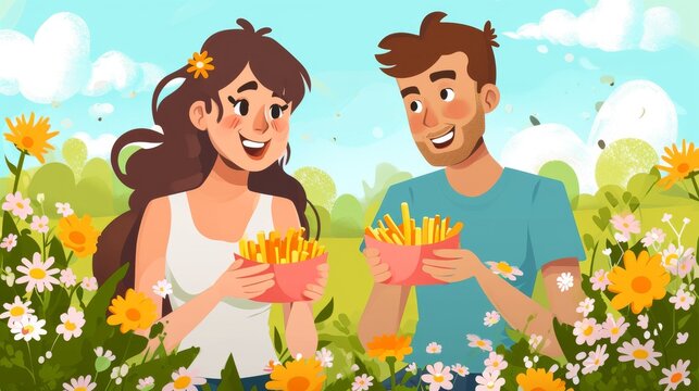 Couple with french fries in the field