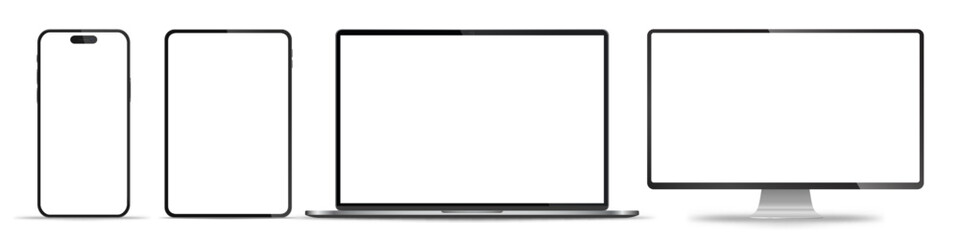 Device screen mockup. Smartphone, tablet, laptop and monoblock monitor, with blank screen for you design. Stock royalty free vector illustration. PNG