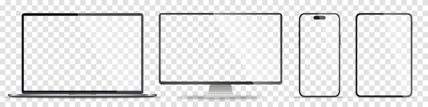 Device screen mockup. Smartphone, tablet, laptop and monoblock monitor, with blank screen for you design. Stock royalty free vector illustration. PNG