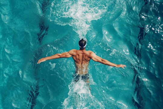 An overhead shot of a male swimmer in a pool. He’s a professional athlete training for a championship, using the butterfly stroke