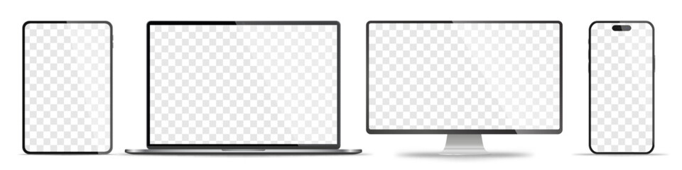 Device screen mockup. Smartphone, tablet, laptop and monoblock monitor, with blank screen for you design. Stock royalty free vector illustration. PNG - obrazy, fototapety, plakaty