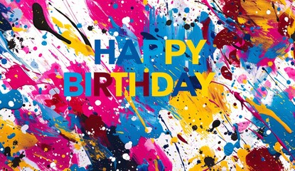 HAPPY BIRTHDAY colorful paint splatter background happy birthday card Generative AI