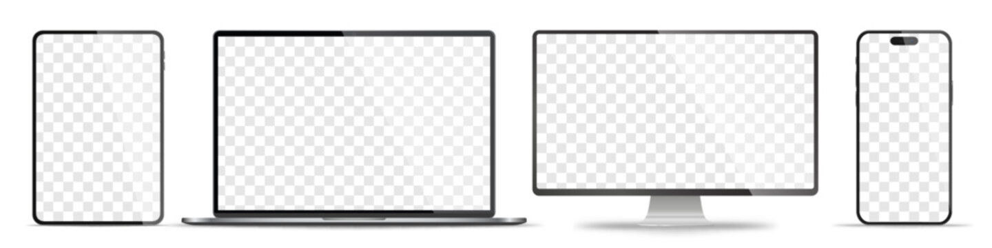 Device screen mockup. Smartphone, tablet, laptop and monoblock monitor, with blank screen for you design. Stock royalty free vector illustration. PNG