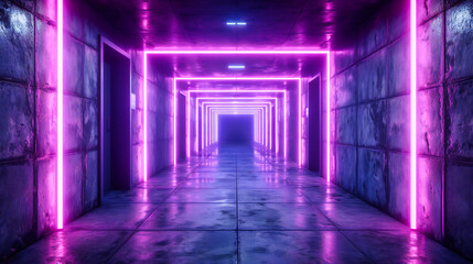 Futuristic blue neon tunnel, creating an abstract and modern corridor with glowing lines and a dark, mysterious atmosphere