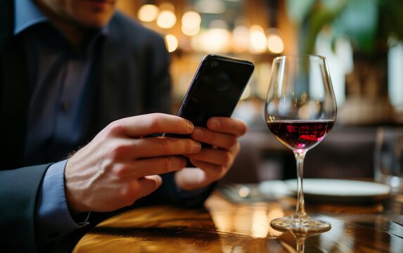 A man with a glass of wine in a restaurant. A businessman is holding and working on a mobile phone.