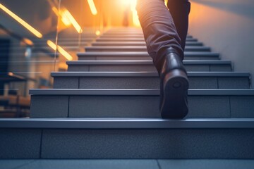 An ambitious businessman ascending stairs to confront an upcoming challenge and seize a business opportunity. The towering staircase symbolizes the concept of career success, future planning, and busi - obrazy, fototapety, plakaty